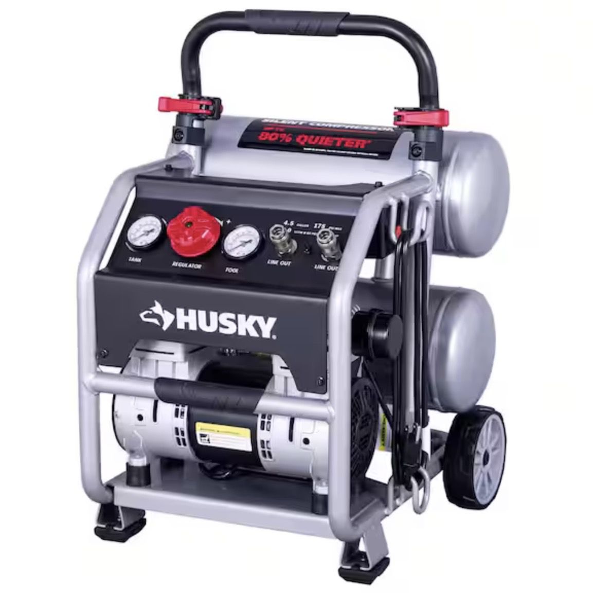 Husky 4.5 Gal. 175 PSI Portable Electric Oil-Free Quiet Twin Stack Jobsite Air Compressor w/Rubber Wheels and 2-Quick Couplers