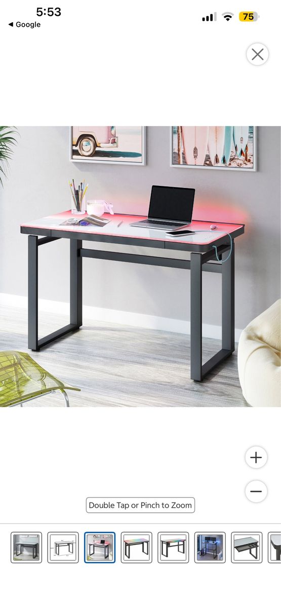 Modern 47.3" RGB LED Gaming Desk with Height Adjustable Glass Top - Gray Steel Frame