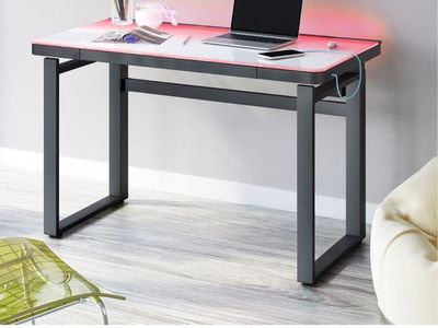 Modern 47.3" RGB LED Gaming Desk with Height Adjustable Glass Top - Gray Steel Frame