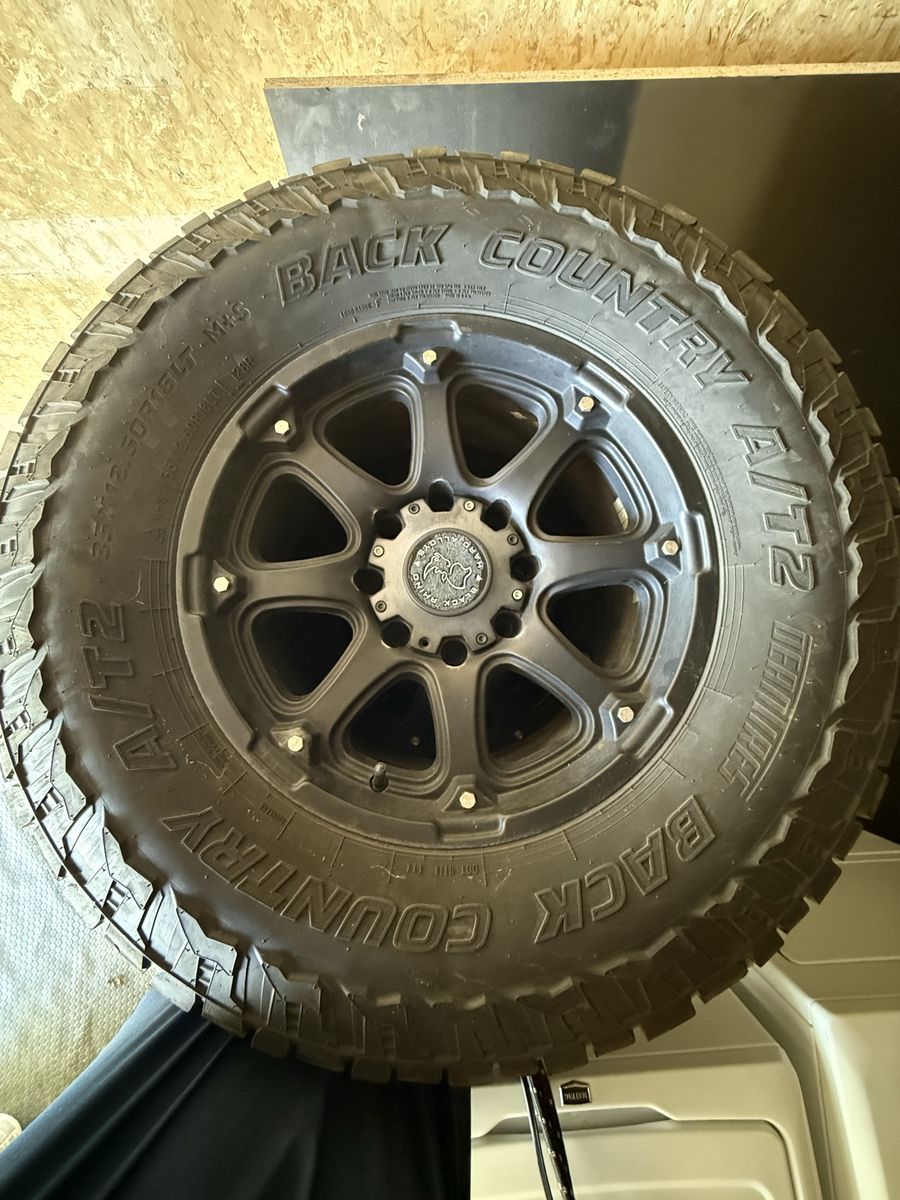 35x12.50R18 Back Country A/T2 Tires on Black Rhino Wheels