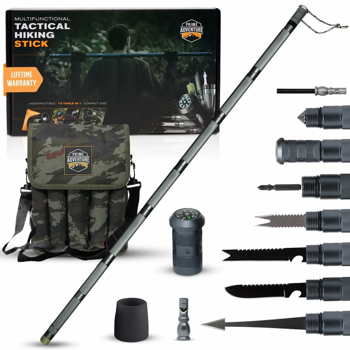 Prime Adventure tactical walking stick, Hiking, camping, trekking, Father's Day present