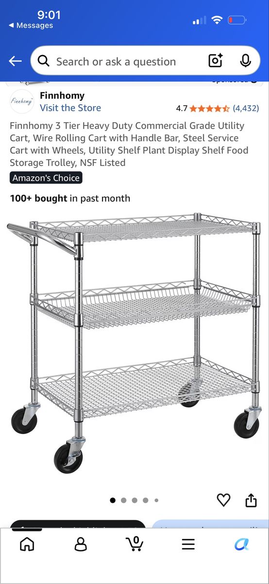 Finnhomy 3-Tier Heavy Duty Utility Cart, 18"D x 30"W x 32.4"H, NSF Listed, Commercial Grade Steel