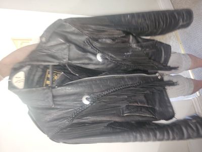 Black Leather Fringe Concho Biker Jacket Size 46 I