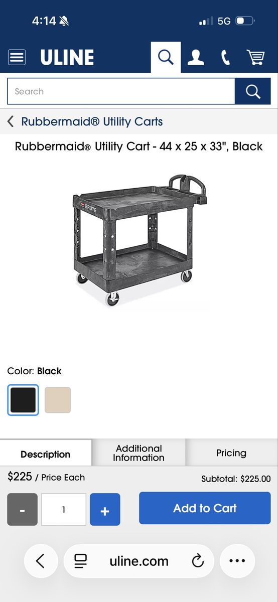 Rubbermaid BRUTE 44" x 25" x 33" Black Heavy-Duty Utility Cart, New in Box