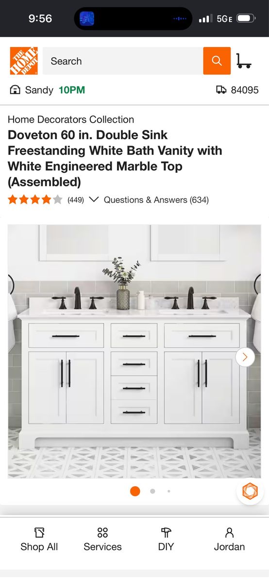 Doveton 60 in. Double Sink Freestanding White Bath Vanity with White Engineered Marble Top (Assembled