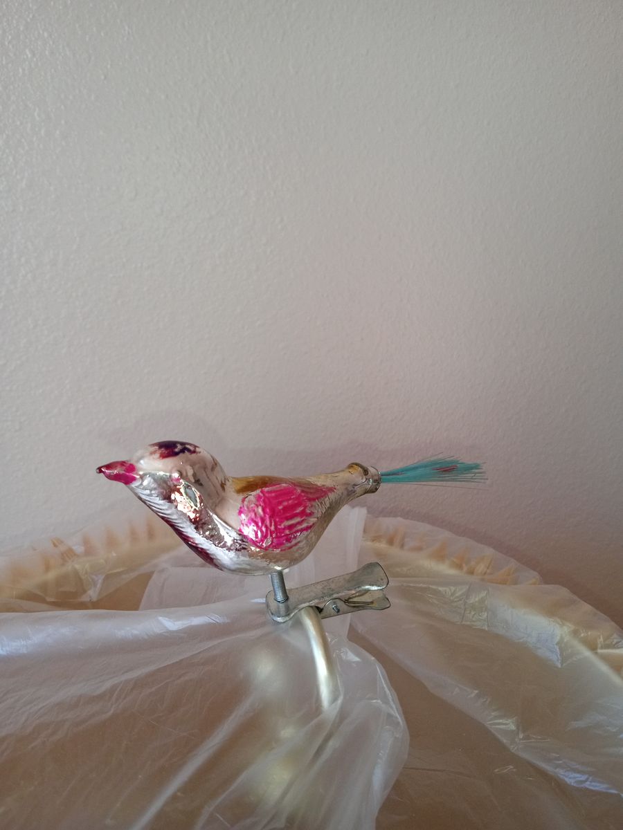 Vintage Mercury Clip-On Blown Glass Bird Christmas Ornament - Pink & Silver with Spun Glass Tail