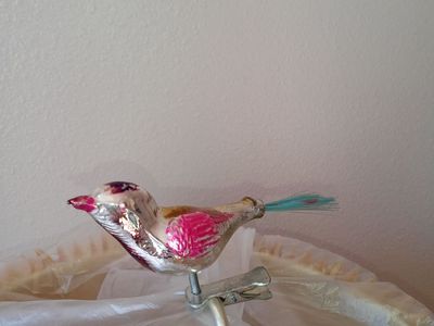 Vintage Mercury Clip-On Blown Glass Bird Christmas Ornament - Pink & Silver with Spun Glass Tail