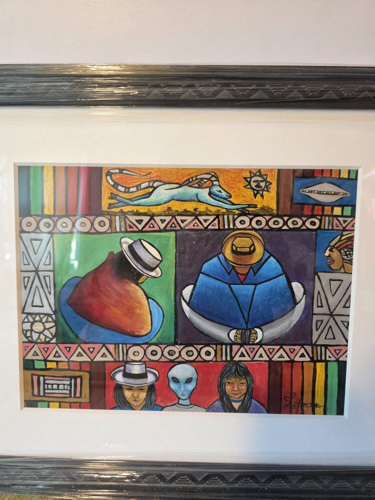 Original S. Lopez Framed Art Print - Vibrant Abstract Southwestern Style Decor.