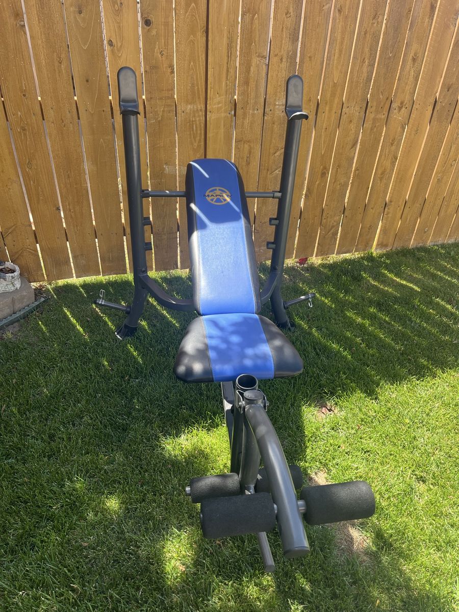 Marcy MD 857 Weight Bench with Leg Developer and Preacher Curl Pad - Blue/Black, Used Good
