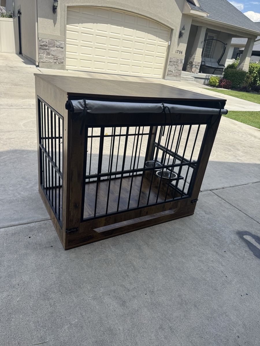 Stylish Wooden Dog Crate Furniture - Dark Brown Finish with Black Bars & Bowls
