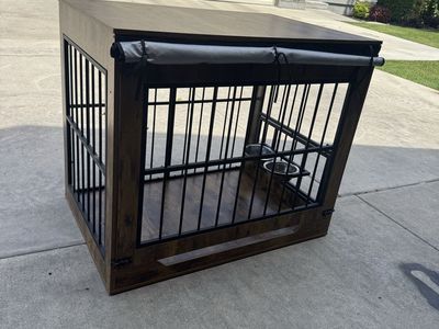 Stylish Wooden Dog Crate Furniture - Dark Brown Finish with Black Bars & Bowls