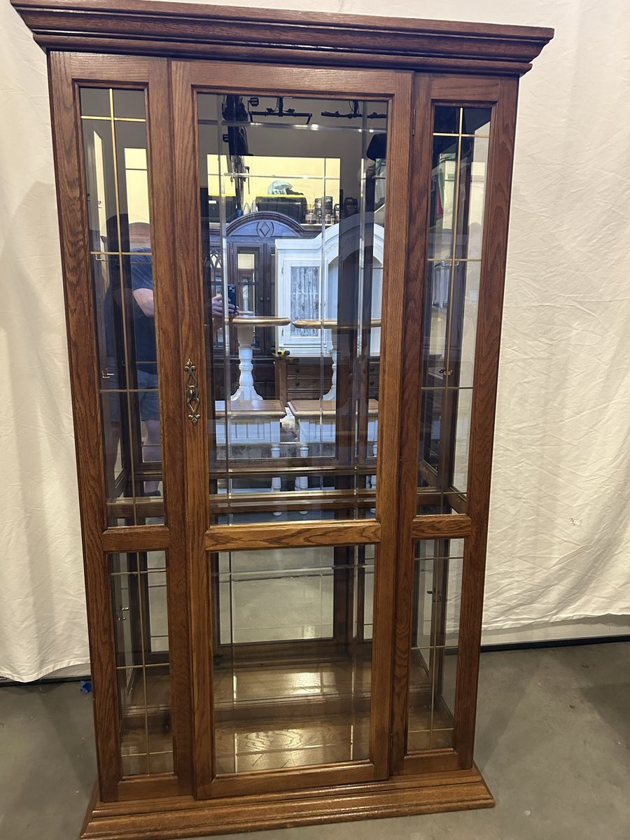 Vintage Wooden Curio Display Cabinet with Glass Doors and Brass Accents