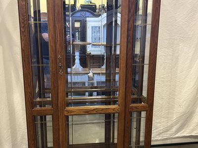 Vintage Wooden Curio Display Cabinet with Glass Doors and Brass Accents