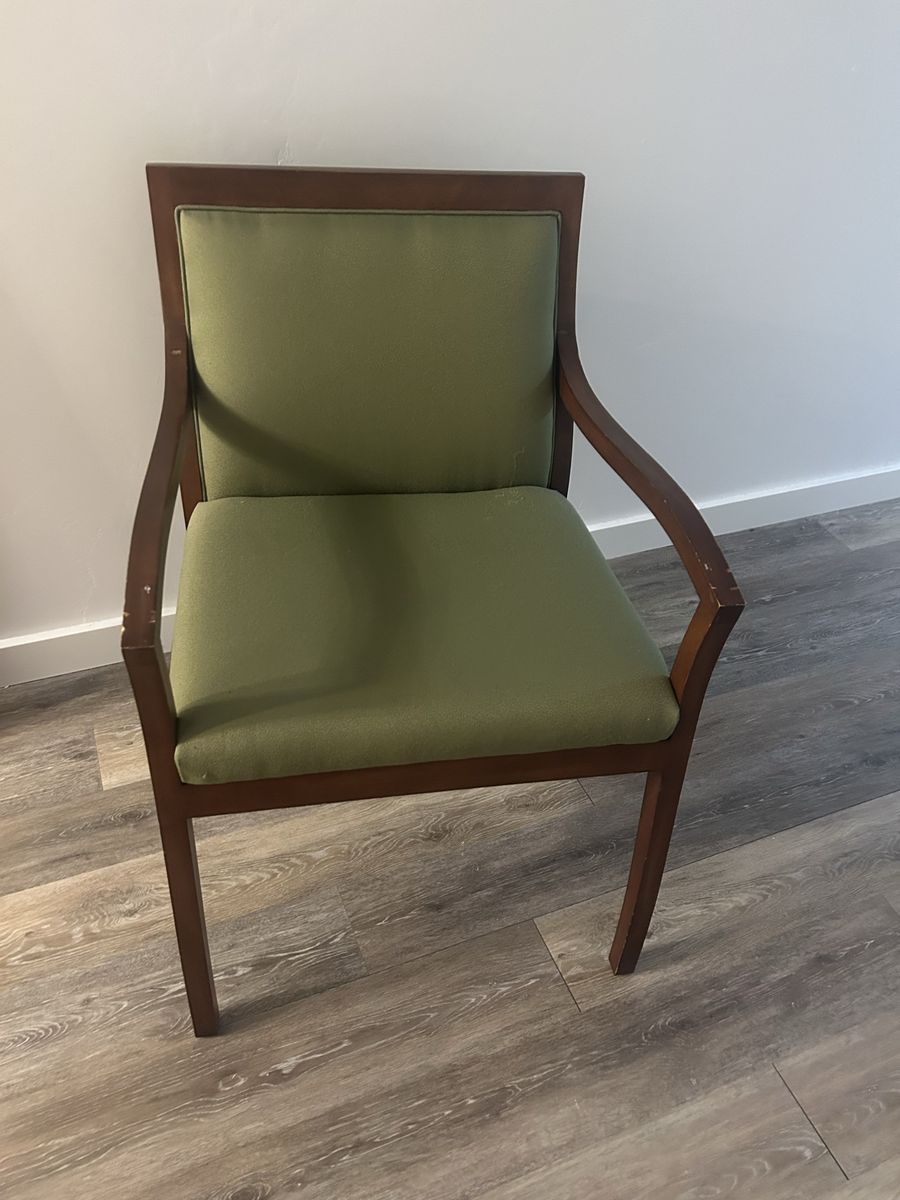 Vintage Mid-Century Style Wooden Armchair with Olive Green Upholstery