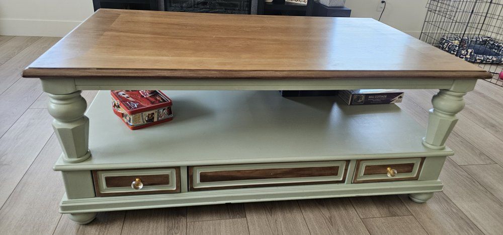 Rustic Farmhouse Coffee Table with Drawers and Open Shelf - Light Green & Wood Top