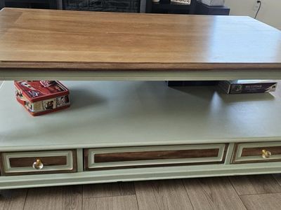 Rustic Farmhouse Coffee Table with Drawers and Open Shelf - Light Green & Wood Top