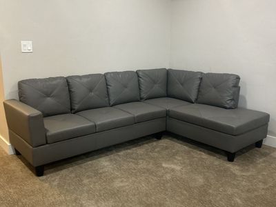 Modern Gray Faux Leather L-Shaped Sectional Sofa with Ottoman