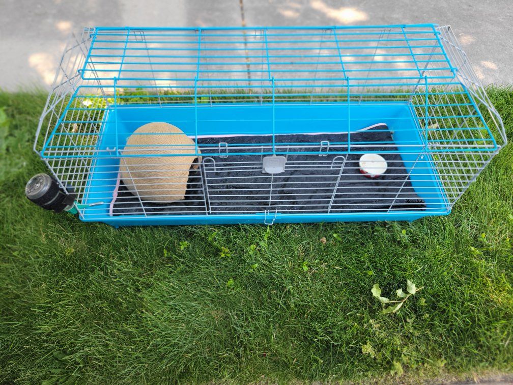 Pet Cage - Blue Base, Wire Top with Hideout bottle water food plate -, Ready for Your hamster or guinea pig