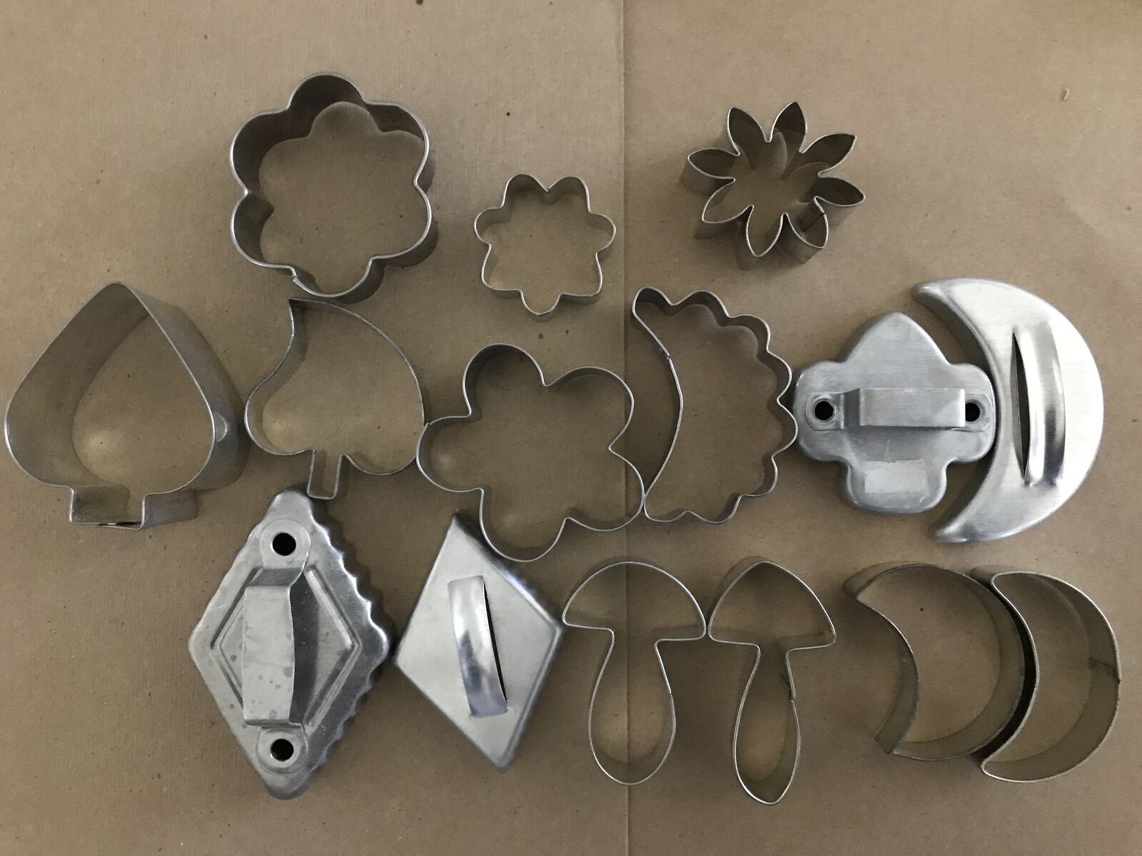 Vintage Cookie Cutters Flowers, Mushrooms, Moons, Diamonds, Spades, Boy Scout Symbol Lot of 16