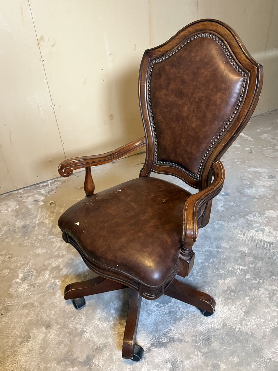 Vintage Style Brown Leather Swivel Desk Chair with Wood Frame and Nailhead Trim