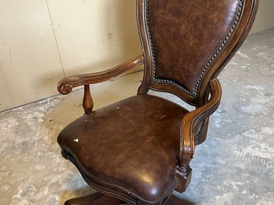 Vintage Style Brown Leather Swivel Desk Chair with Wood Frame and Nailhead Trim