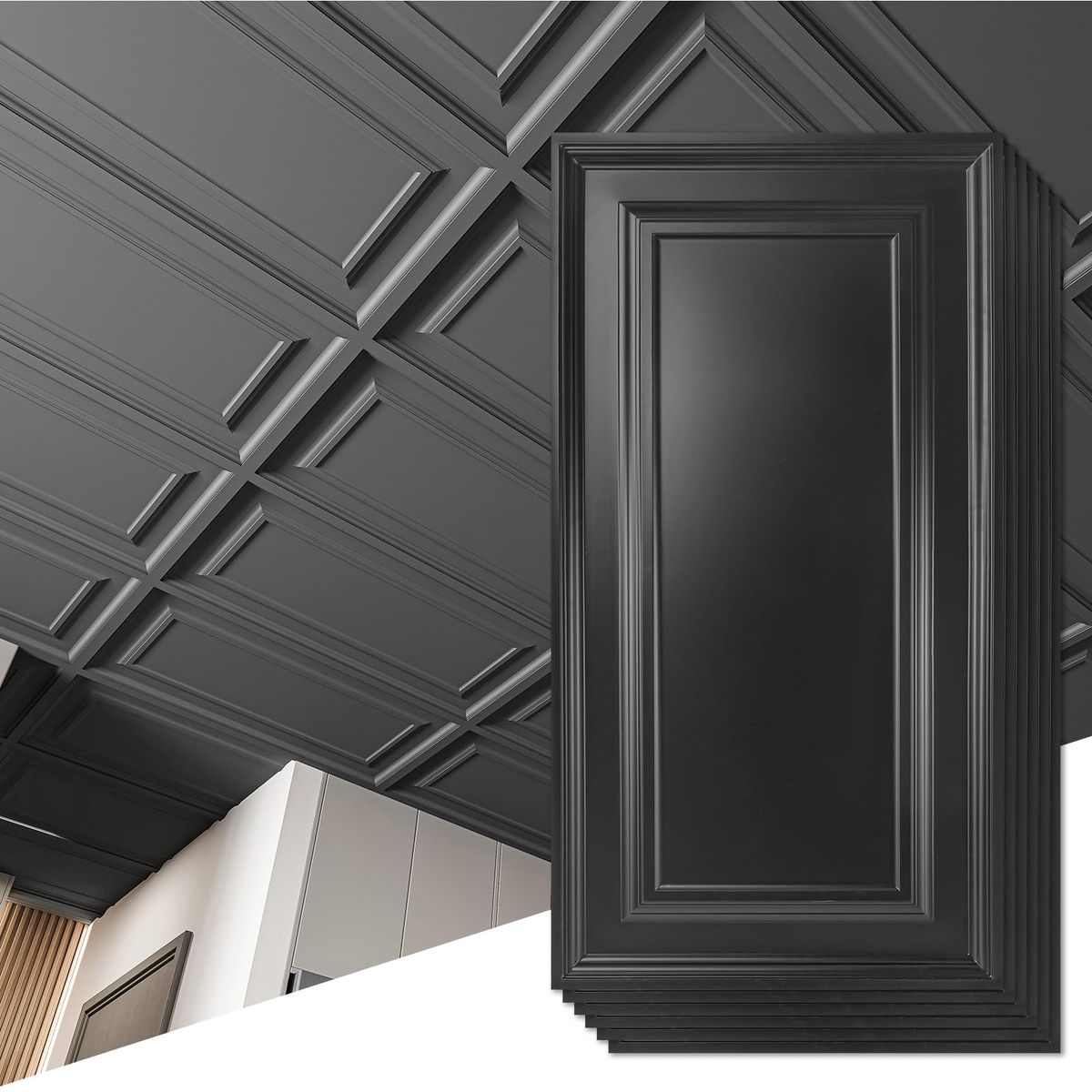 New in box- 12 Elegant Black PVC Ceiling Tiles - Modern Style, Lightweight Decorative Panels 96 sq. Ft