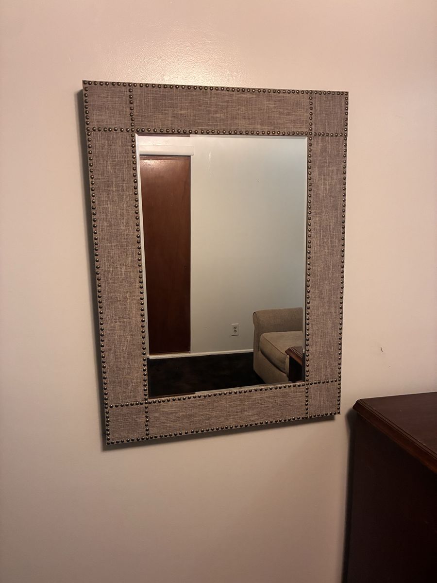 Decorative Upholstered Wall Mirror with Nailhead Trim
