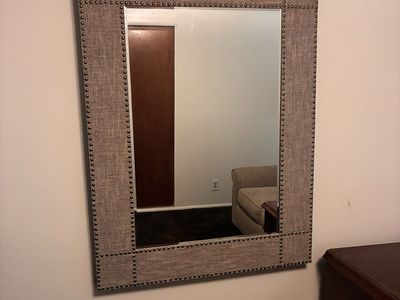Decorative Upholstered Wall Mirror with Nailhead Trim