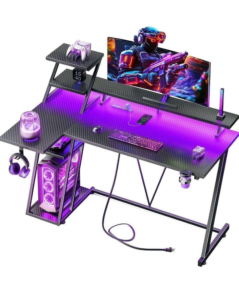 LED Gaming Desk with Shelves & Built-In Power Outlets #516