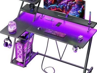 LED Gaming Desk with Shelves & Built-In Power Outlets #516