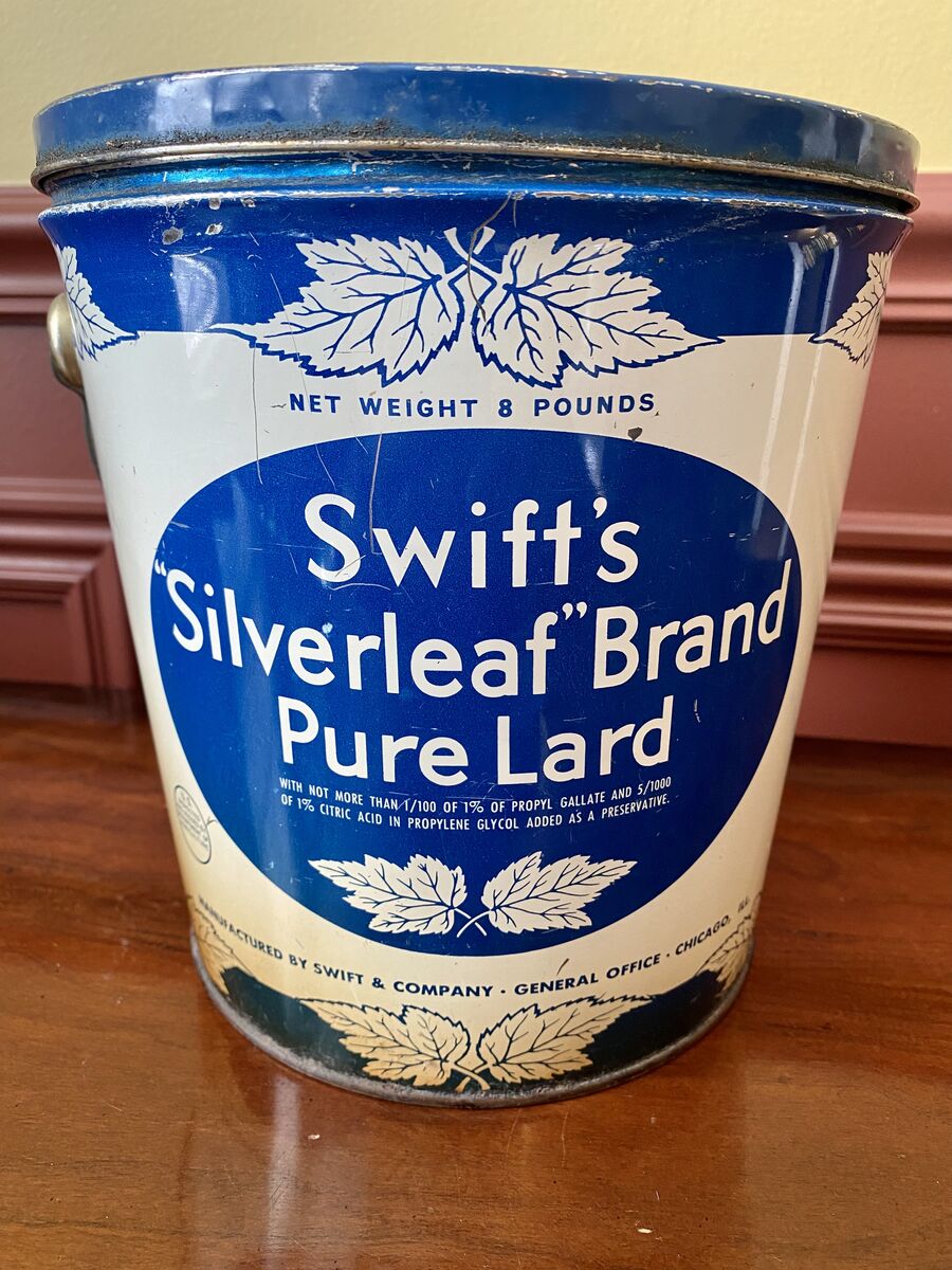 RARE- Swifts Silverleaf Brand Pure Lard - Vintage Advertising Large Tin Bucket in Blue N White - C PIX