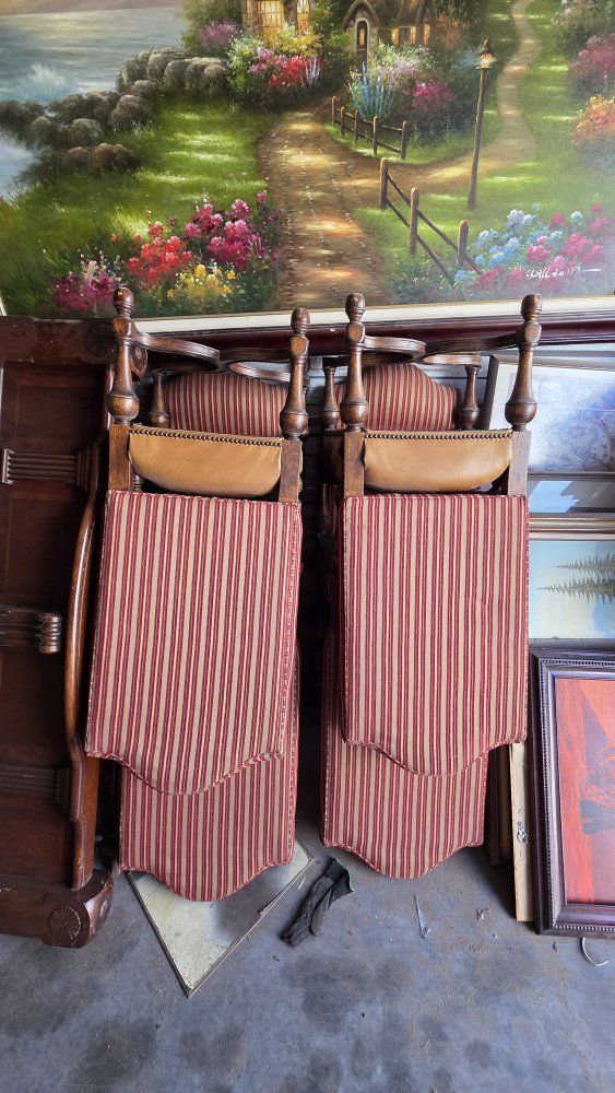 Vintage Wooden Dining Chairs with Striped Fabric Upholstery - Set of 8