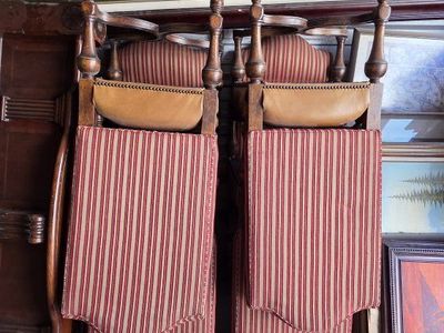 Vintage Wooden Dining Chairs with Striped Fabric Upholstery - Set of 8