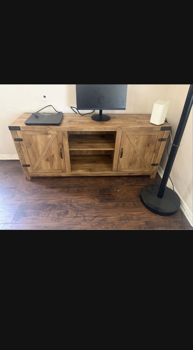 Farmhouse Wooden TV Stand Console with Barn Door Cabinets