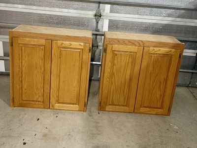 Set of Two Oak Wood Kitchen Wall Cabinets with Double Doors