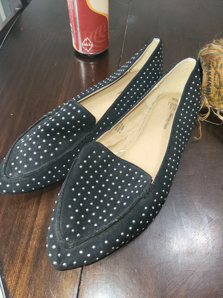 Time and Tru Women's Black Faux Suede Studded Loafers, US Size 10 New!