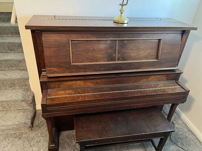 Vintage Schriver & Sons Upright Piano with Bench - Dark Wood Finish