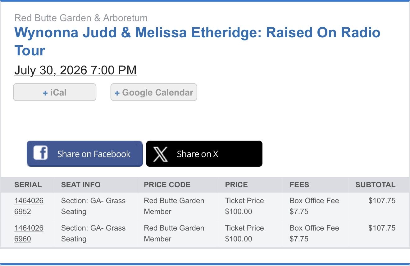 Wynonna Judd & Melissa Etheridge Tickets - Red Butte Garden July 30, 2026