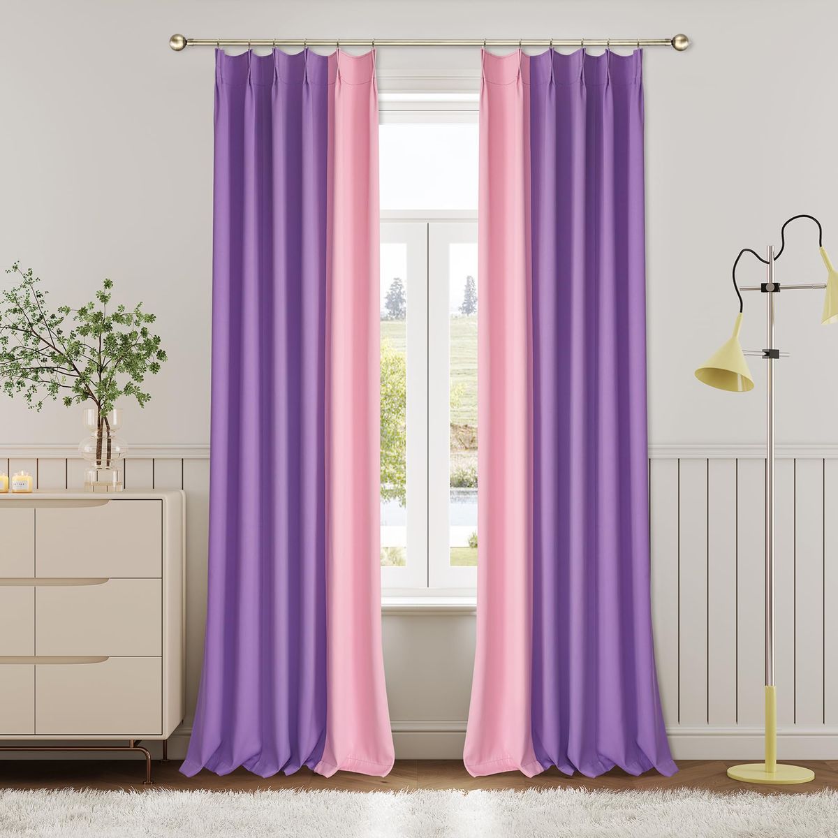 42"x108" Pink & Purple Two Toned Pleated Drapes with Hooks, Room Darkening, Soundproof, Thermal Insulated
