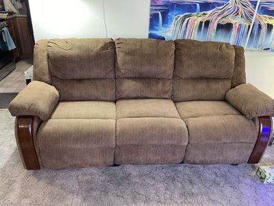 Brown Corduroy Fabric Reclining Sofa Couch and Loveseat Couch Set with Wooden Accents