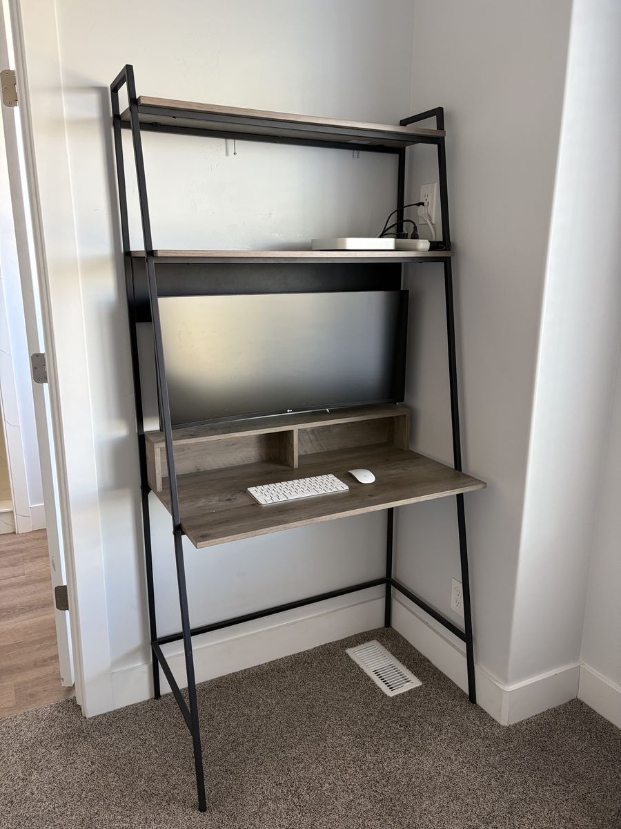 Modern Ladder Desk with Shelves - Gray Wood Grain & Black Metal Frame