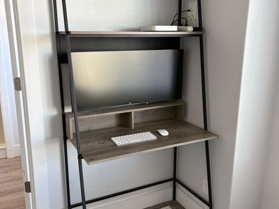 Modern Ladder Desk with Shelves - Gray Wood Grain & Black Metal Frame