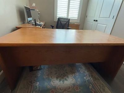 Executive Oak desk, credenza, filing cabinet and 2 chairs