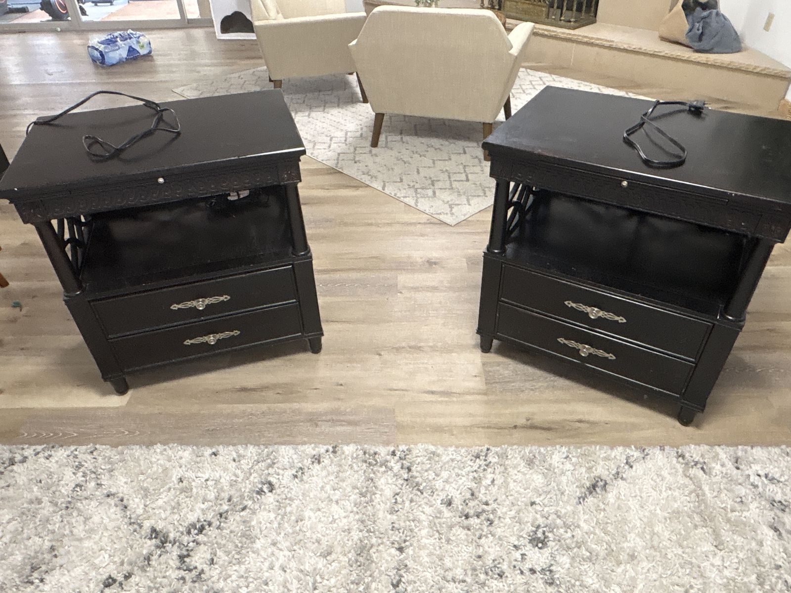 Pair of Black Wood End Tables with Drawers and Ornate Pulls, Farmhouse Style