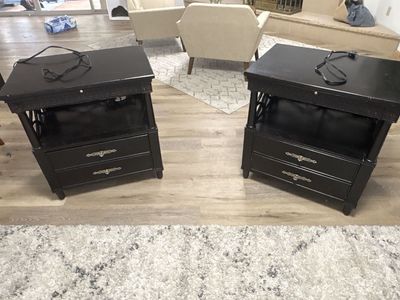 Pair of Black Wood End Tables with Drawers and Ornate Pulls, Farmhouse Style