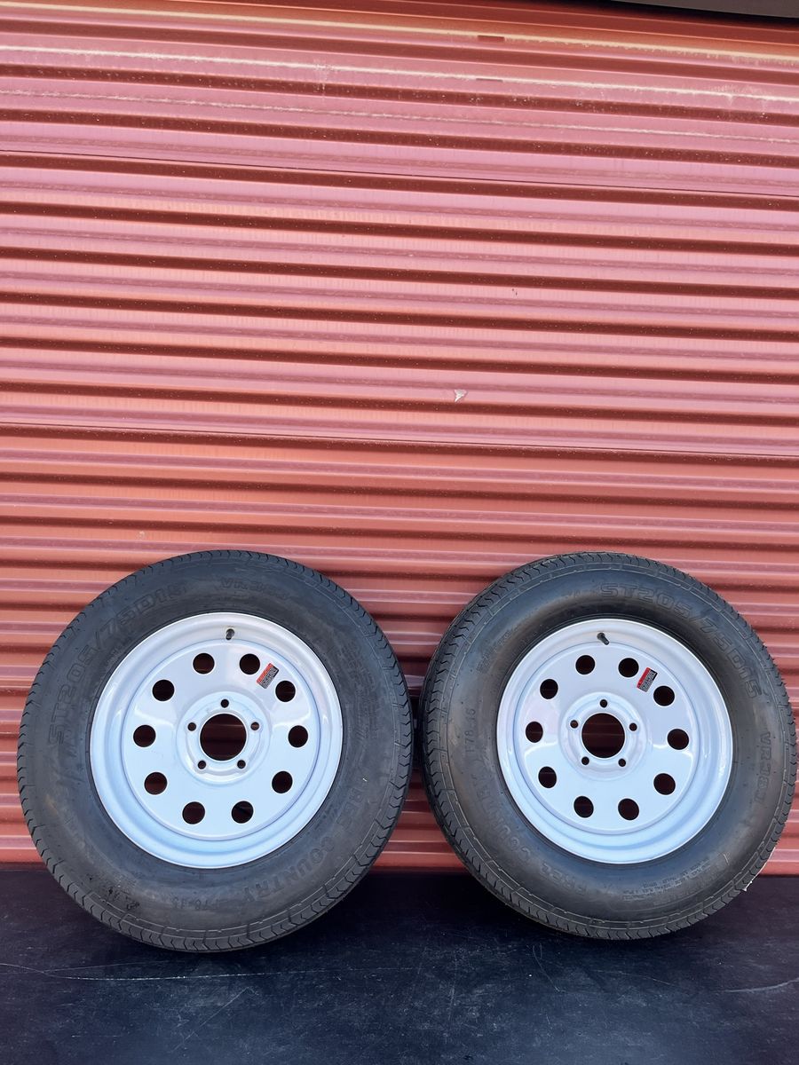 Set of 2 Free Country ST 205/75 D 15 Trailer Tires Mounted on New White Mod Wheels 5 on 4.5  Brand New