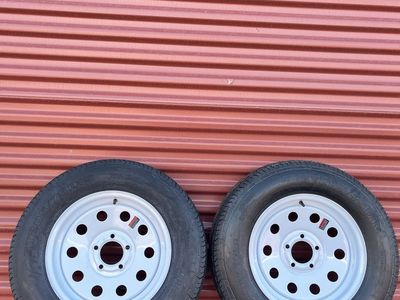 Set of 2 Free Country ST 205/75 D 15 Trailer Tires Mounted on New White Mod Wheels 5 on 4.5 Brand New