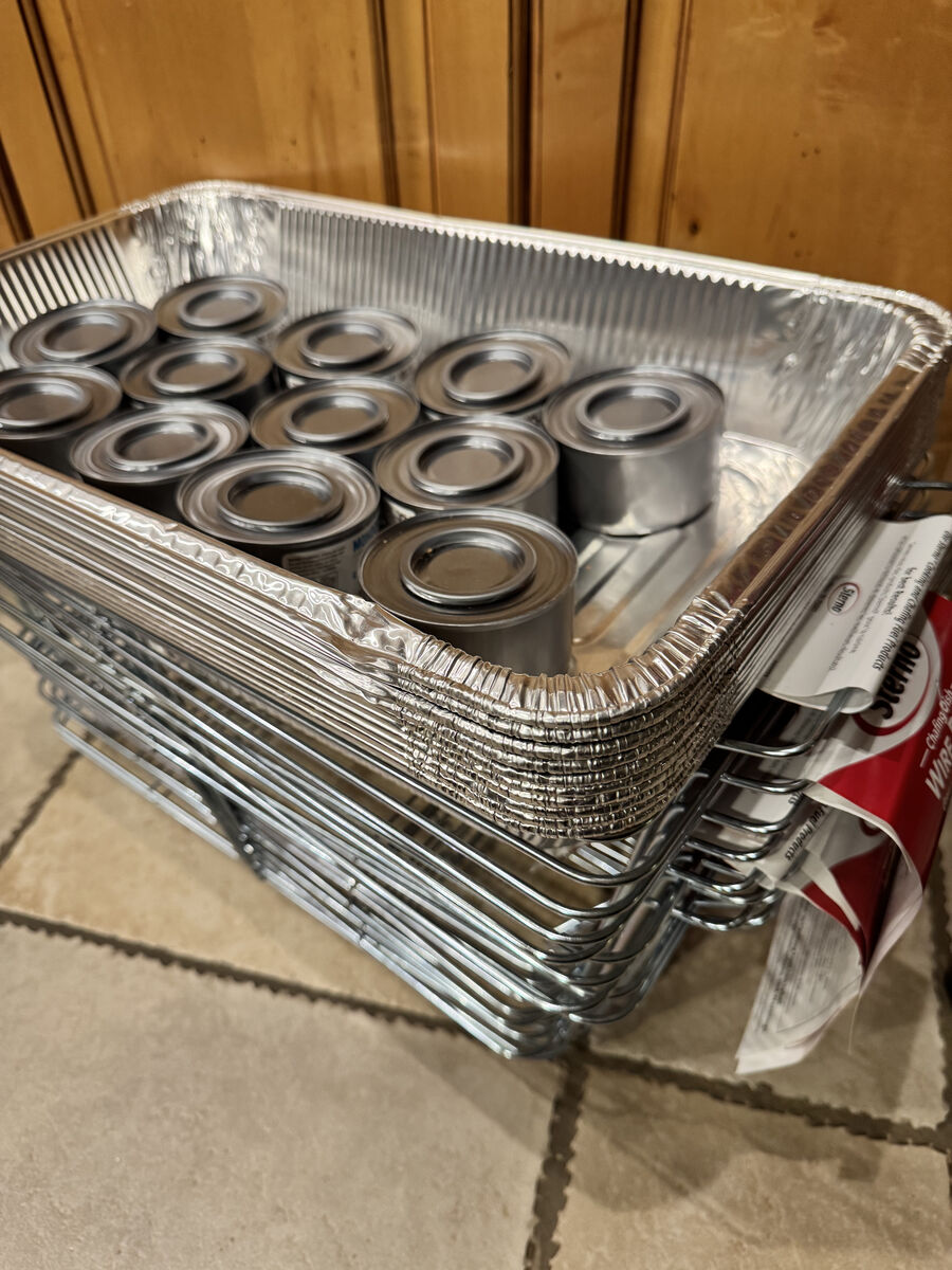 Sterno Chafing Dish Wire Racks and pans (10 in total) with 12 sterno cans