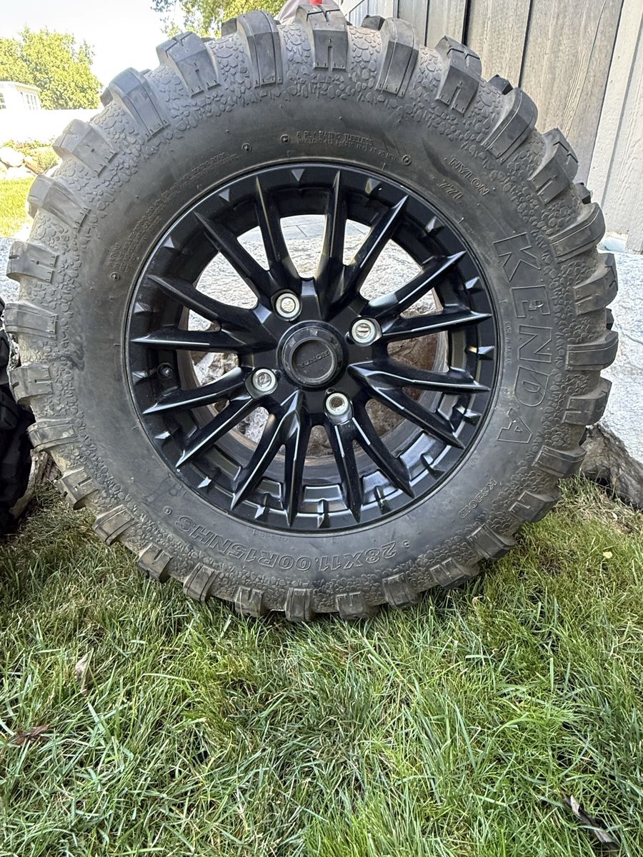 Kendra k3201G 28X9.00R 15 NHS ( 2 tires. ) and Kenda 28X 11.0 0R 15 in HS (2 tires) on Honda four bolt pattern rims
