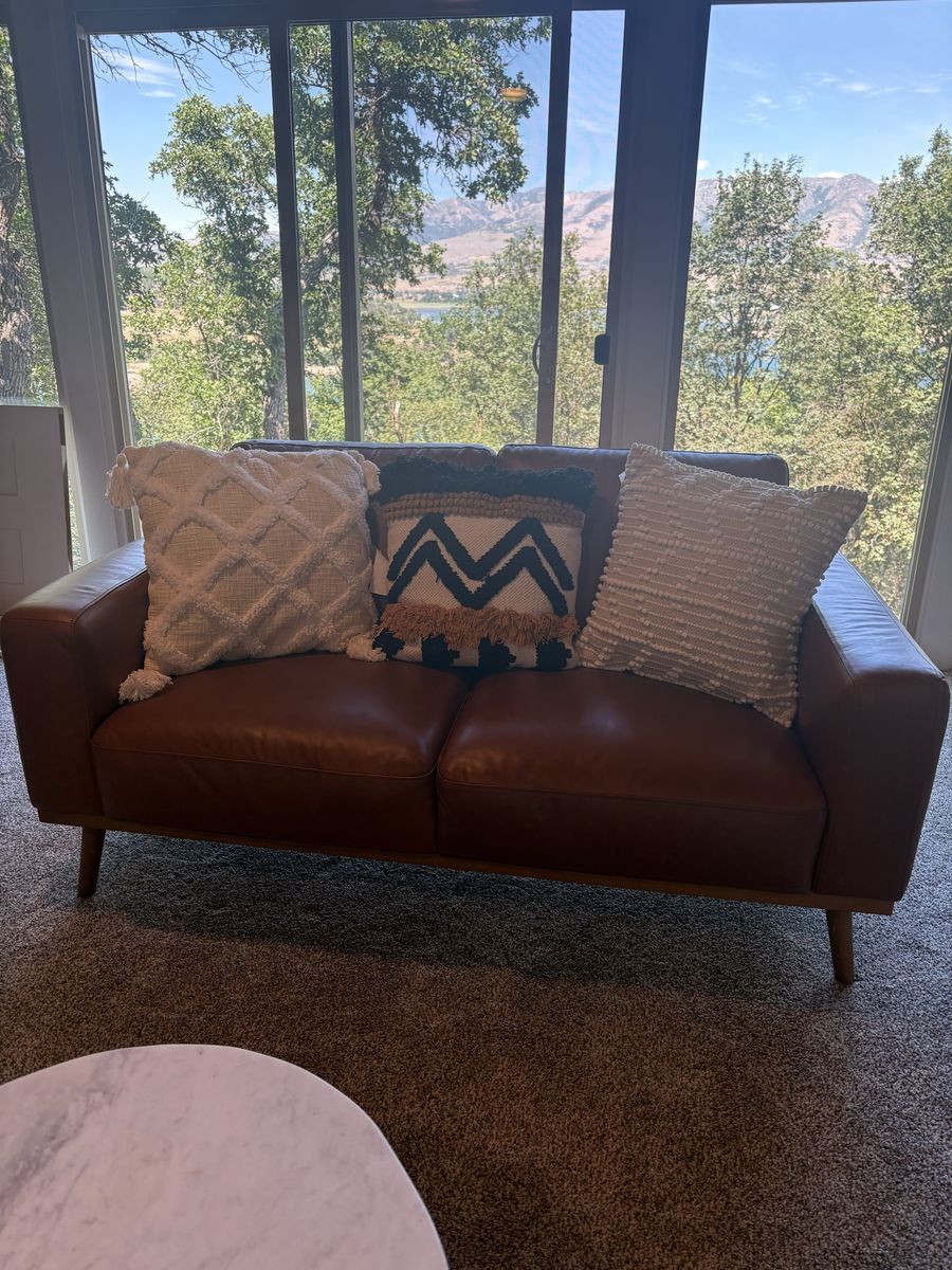 Mid-Century Modern Brown Leather Sofa and Loveseat Set (Barely Used)